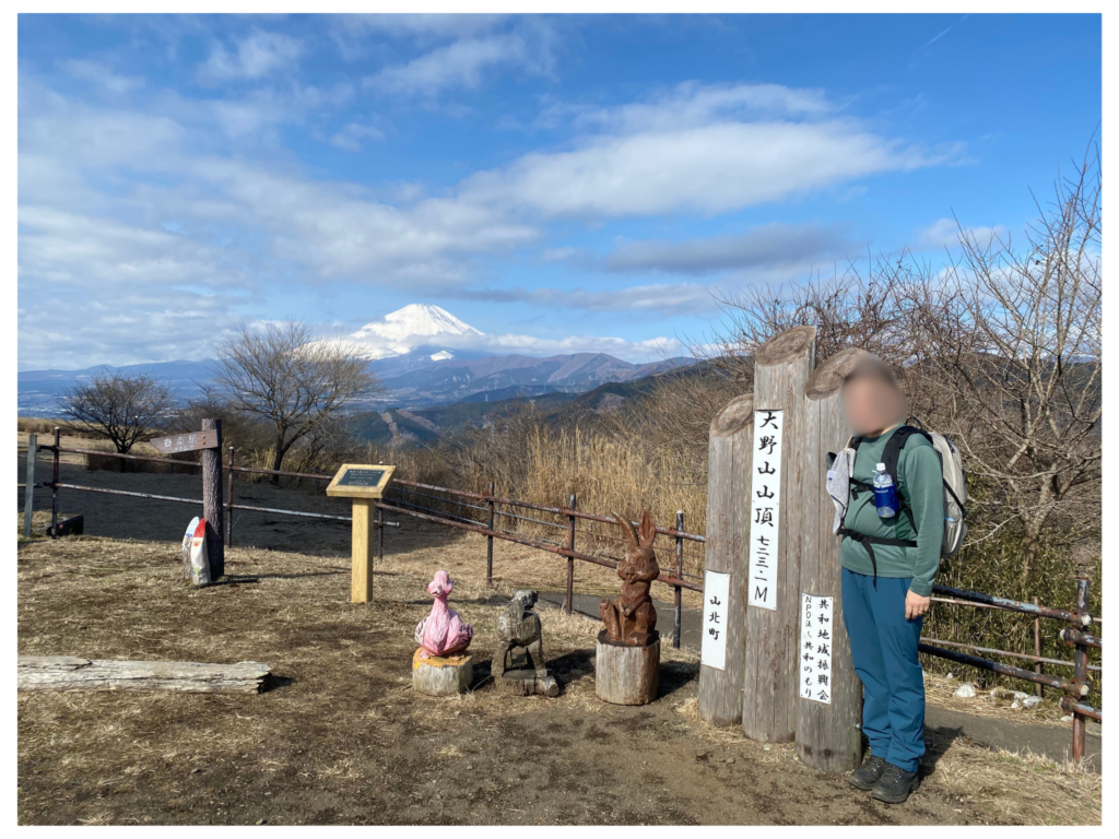 山頂標識と富士山の前で記念撮影