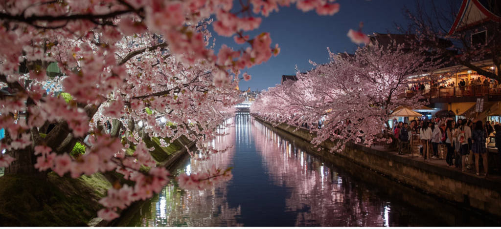 ライトアップしたお花見の様子