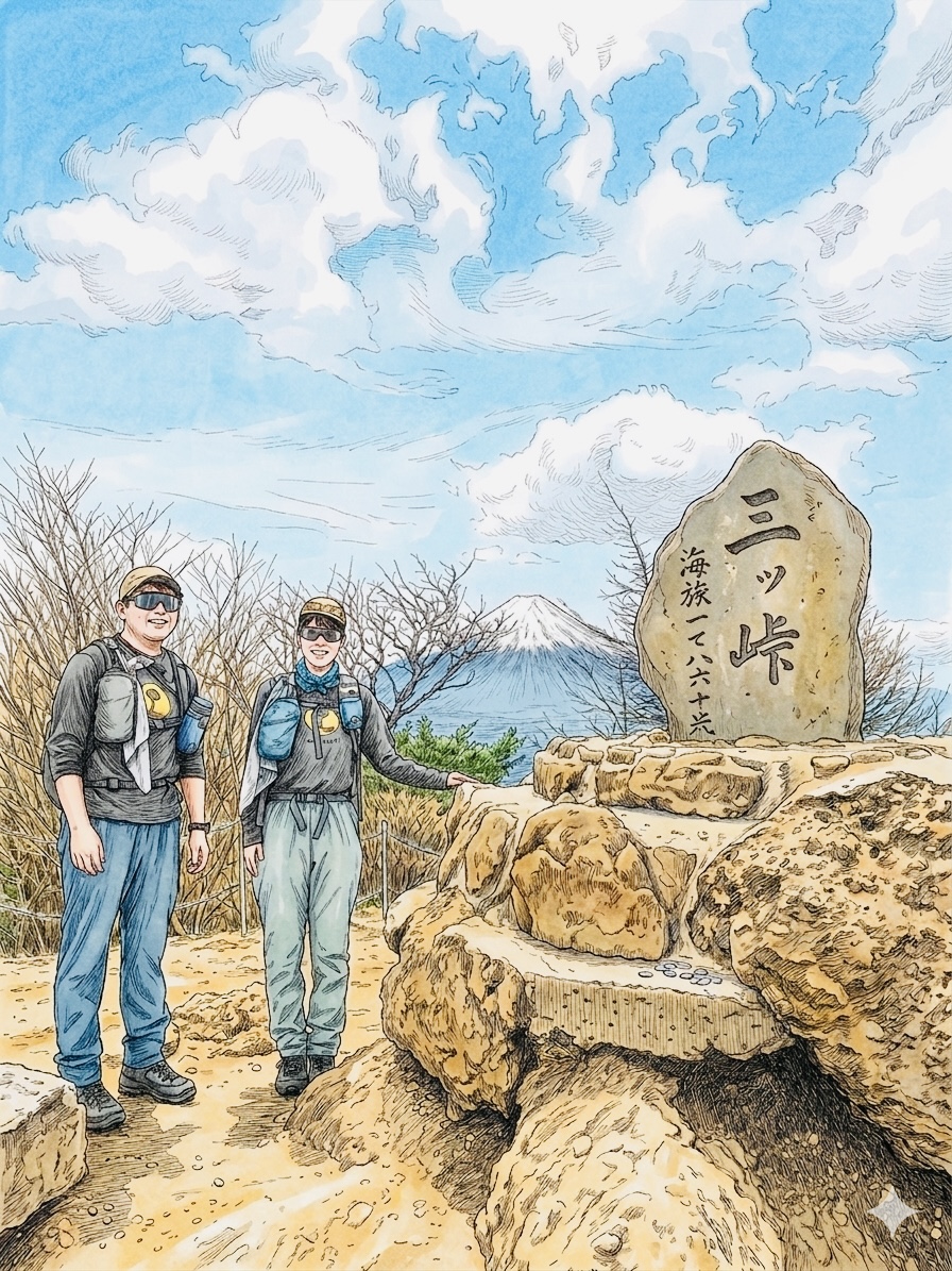 三ッ峠山山頂の石碑と富士山と晩婚夫婦。