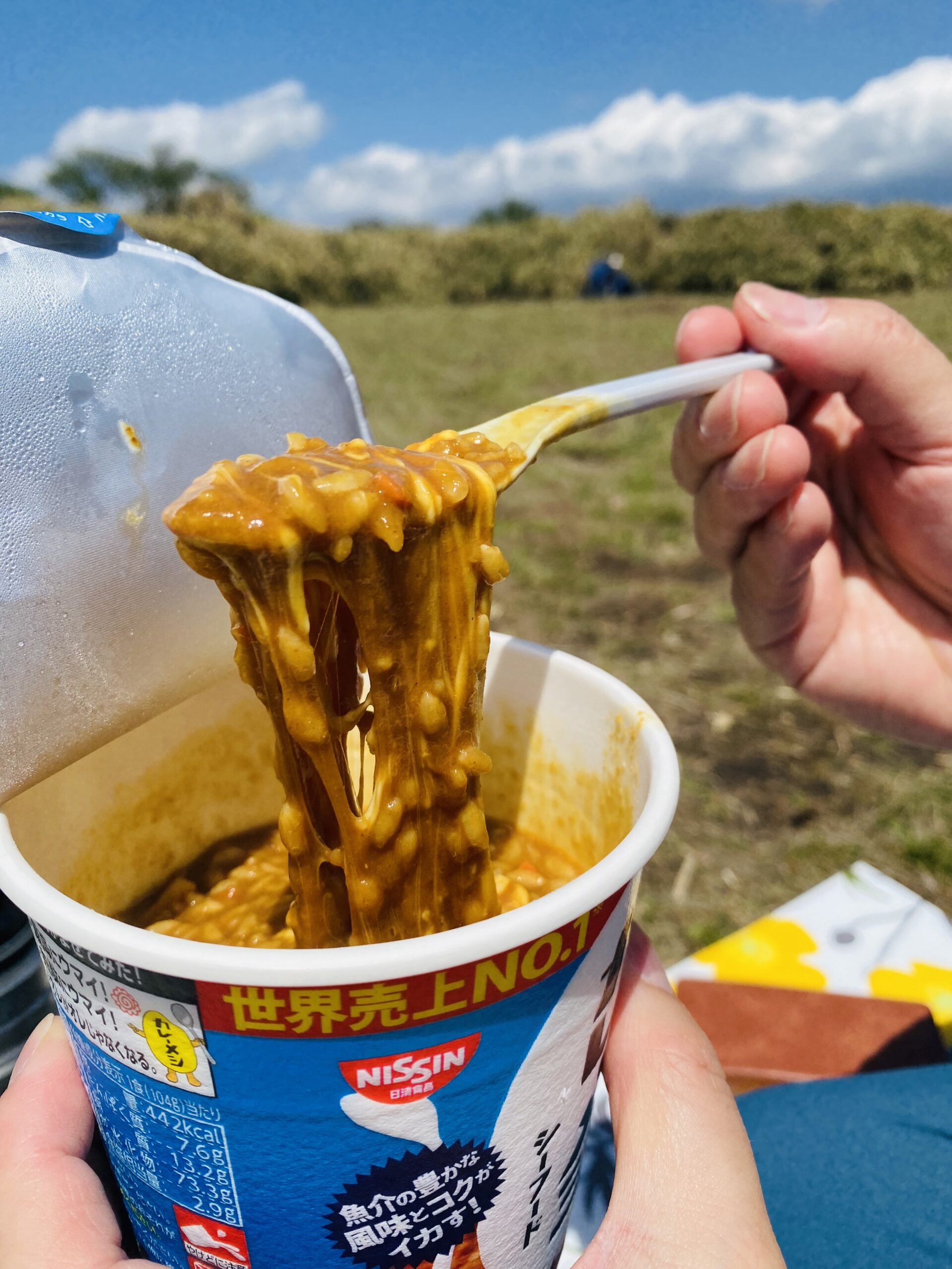 カレーメシにモッツァレラチーズをトッピングし、チーズがとろけている様子。