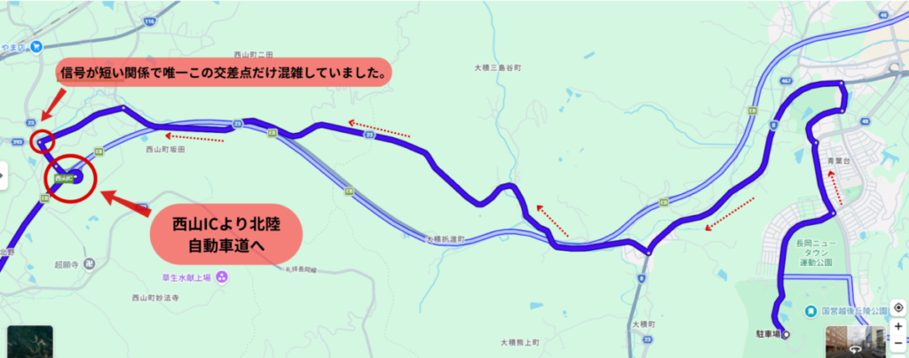 公営丘陵公園駐車場から西山ICへの案内図
