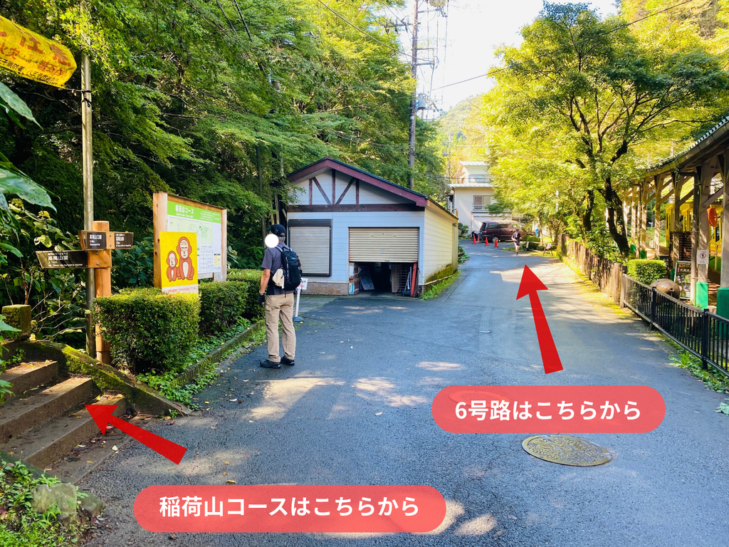 高尾登山。稲荷山コース入り口と6号路への案内写真
